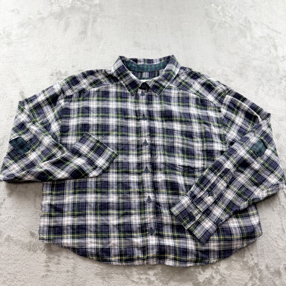 American Eagle Outfitters Women Small Blue Green Plaid Button Down Flannel Shirt